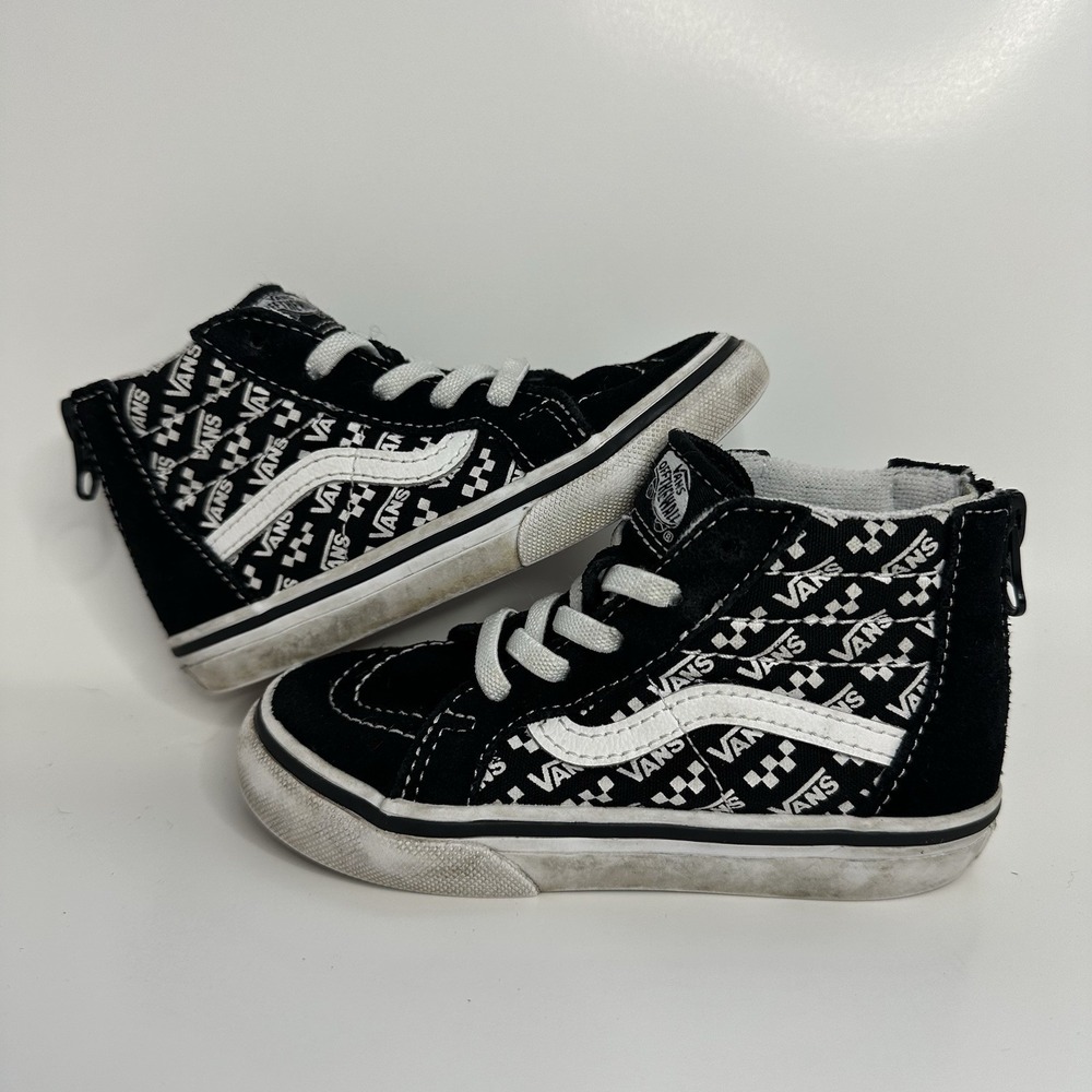 Vans Sk8-Hi Zip toddler Sz 8 Tennis shoes Black White Suede Sneakers